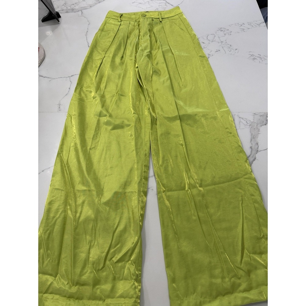 Nasty Gal Pants Womens 4 Green Satin Wide Leg Pleated High Waist Zip Pockets - Picture 4 of 7